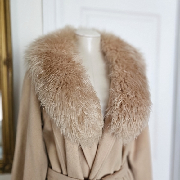 Vintage 100% Luxurious Cashmere Elegant  Cream Coat Robe, Detachable Fur Collar - Picture 3 of 16